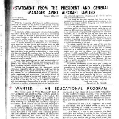Statement from the President and General Manager Avro Aircraft Limited