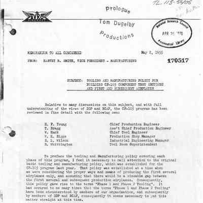 Tooling and Manufacturing Policy For Building CF-105 Component Test Sections and First and Subsequent Airplanes