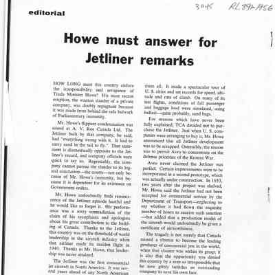 Editorial - Howe must anwer for Jetliner Remarks