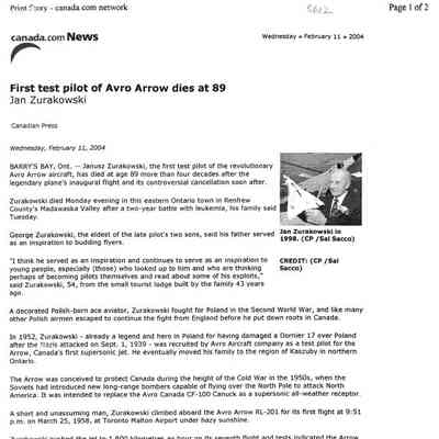 Flight Test Pilot of Avro Arrow Dies at 89