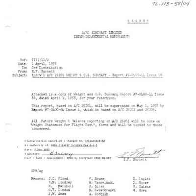 Weight and Balance Summary For Arrow 1 A/C 25201 Per Issue 16