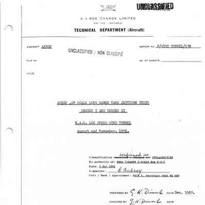 Arrow .07 scale long range tank jettison tests series I and series II: N.A.E. low speed wind tunnel: August and November, 1956