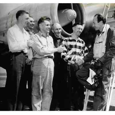 Balck and White 8.5"x11" Photo of 5 Avro Employees Greeting CF-100 Pilot Peter Cope as he Descends Ladder