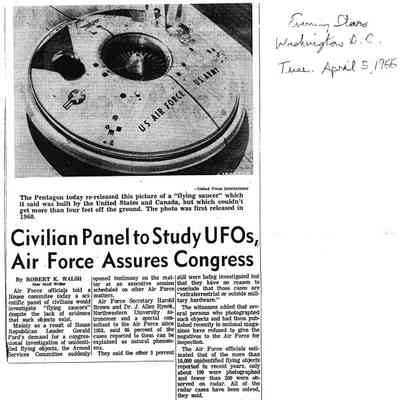Civilian Panel to Study UFO's, Air Force Assures Congress - Apr 1966