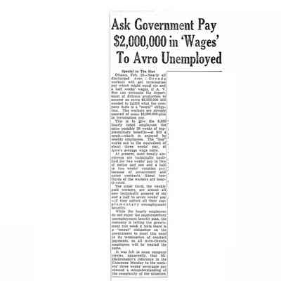 Ask Government Pay $2,000,000 in 'wages' to Avro unemployed