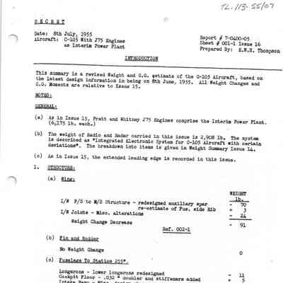 CF-105 Revised Weight and Balance Report with J75 Engines Report # 7-0400-05 - issue 16