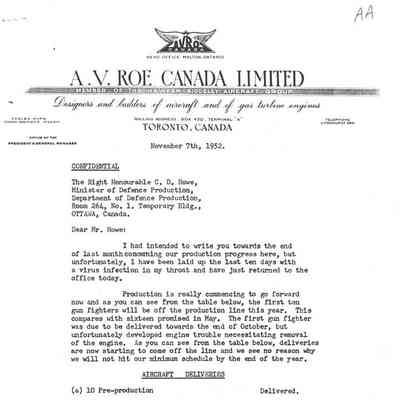 C Gordon letter to CD Howe - RE: CF-100 and Orenda engine delivery details