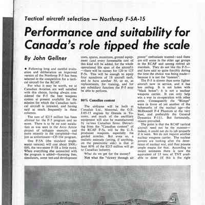 Tactical aircraft selection - Northrop F-5A-15 - Performance and suitability for Canada's role tipped the scale