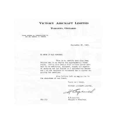 Victory Aircraft Limited Reference Letter for Jean Sellors