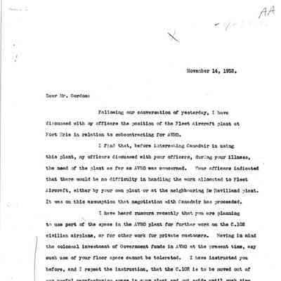 CD Howe letter to C Gordon RE: Fleet Aircraft and subcontracting for Avro