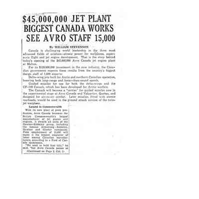 $45,000,000 jet plant biggest Canada works see Avro staff 15,000