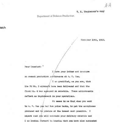 CD Howe letter to C Gordon RE: 70 Mk 3 CF-100's delivered and first Mk. 4 on schedule