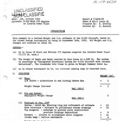 C-105 With J75 Engiens as Interim Power Plant - Revised Weight & C.V. Report Issue 19