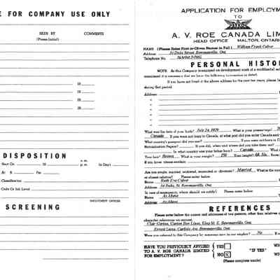 William Frank Calver A.V. Roe Canada Application for Employement