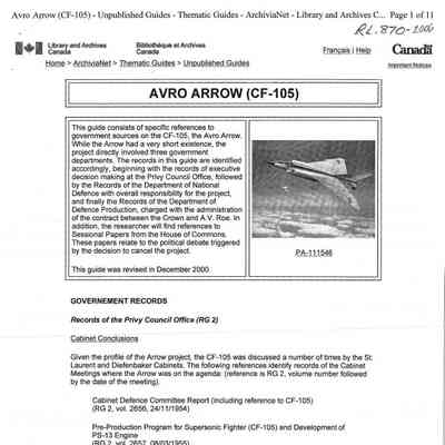 Thematic Guide of the National Library and Archives records related to Avro Arrow