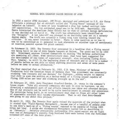 General Data Canadian Saucer Designs of Avro - 1952-1955