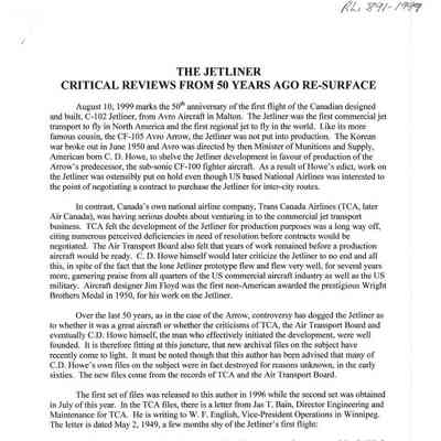 The Jetliner; Critical Reviews from 50 years ago Re-Surface