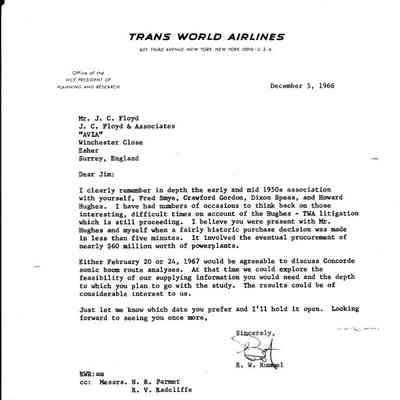 Letter to J.C. Floyd in England from VP of Trans World Airlines
