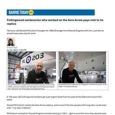 Collingwood centenarian who worked on the Avro Arrow pays visit to its replica