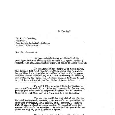 Letter from J.C.Floyd to Nova Scotia Technical College re: use of engines from Avro Jetliner