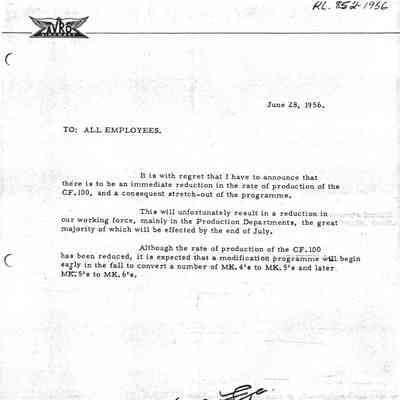 Letter from Fred Smye to all employees advising of reduced CF-100 Production