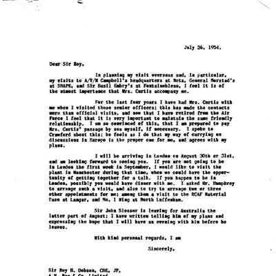 Letter - W.A. Curtis to Sir Roy Dobson , July 26, 1954