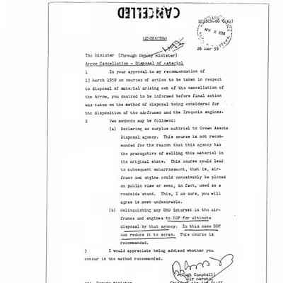 Memo Mar 26 59 to the Minister from Hugh Campbell Subject Arrow Cancellation - Disposal of material