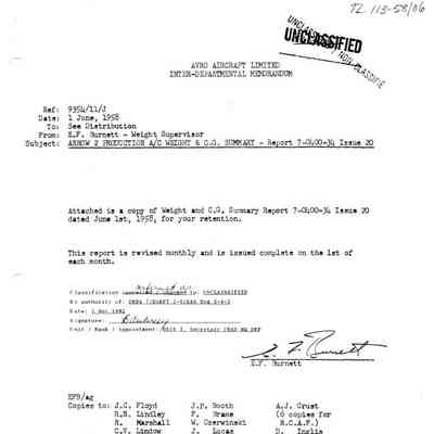 Arrow 2 Production A/C Weight and C.G. Summary Report #7-0400-34 Issue 20