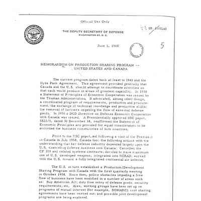Memorandum on Production Sharing Program - United States and Canada