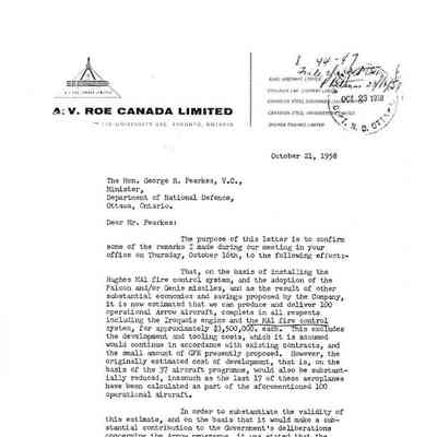 Avro Letter to George R. Pearkes, VC from Fred T. Smye