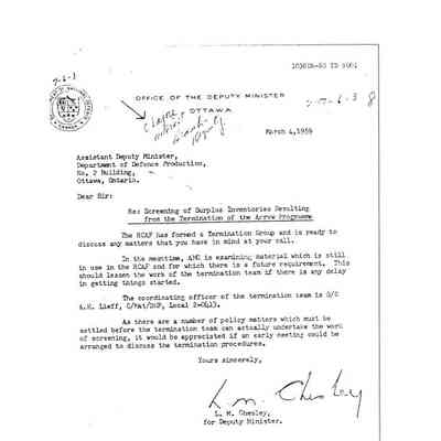 Srreening of Surplus Inventories resulting from the termination of the Arrow Program - Termination group formed