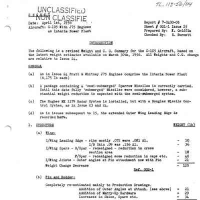 C-105 with J75 Engines as Interim Power Plant - Revised Weight and C.G. Report issue 25