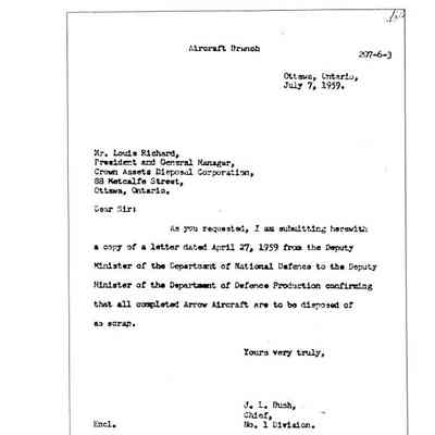 Letter to Mr. Louis Richard, President & GM of Crown Assets Diposal Corp - Confirmation to scrap all completed aircraft