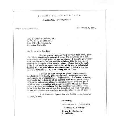 Letter from Frank B. Rackley, President of Jessop Steel Company to Crawford Gordon, Jr.