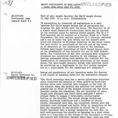 3 documents - Report bibliography on Zero Launch Rec'd from Astia July 29, 1958. Arrow 2A Zero Length Launch (Avro Technical Dept). Arrow 2A Zero Length Launch Investigation (Avro Aircraft Oct 1958).