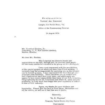 Letter from "O.P. Weyland" General, USAF Commander to Crawford Gordon, Jr