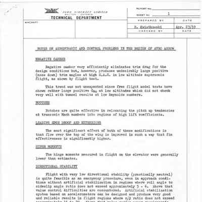 Notes on Aerodynamic and Control Problems in the Design of Avro Arrow