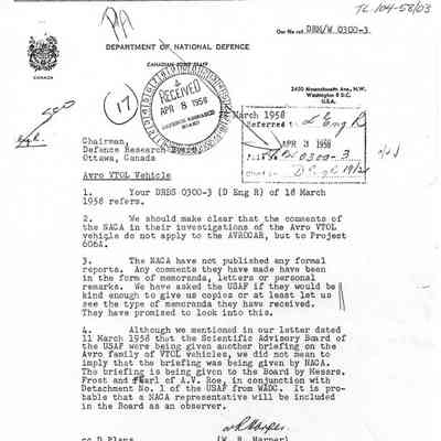 Letter from W.R. Harper for defence research member to chairman, research board