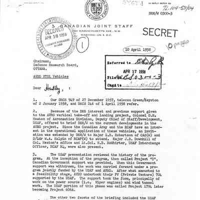 Letter by J.J. Green-Defence Research Board re AVRO VTOL Vehicles