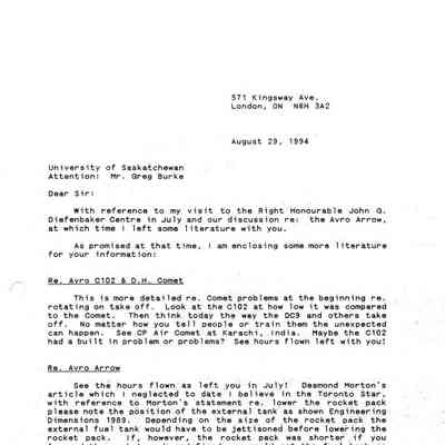 Chas J. Wacey to Greg Burke - Jetliner/Arrow - Diefenbaker Canada Centre