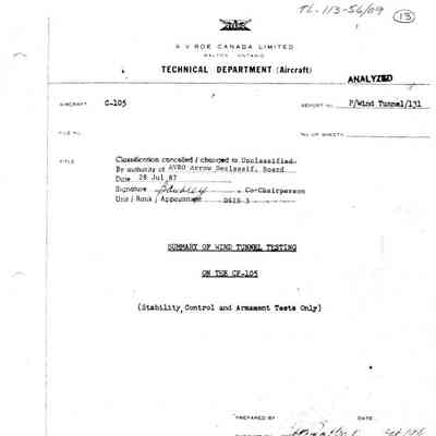 Summary Of Wind Tunnel Testing On The CF-105 (Stability, Control and Armament Tests Only) Report No. P/Wind Tunnel/131