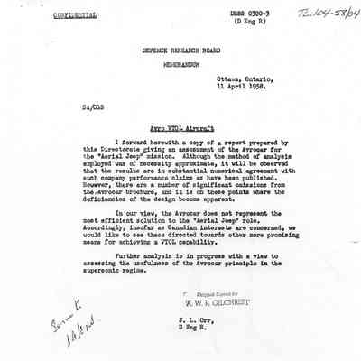 Defence Research Board Memo RE: Avro VTOL Aircfraft 11 Apr 1958