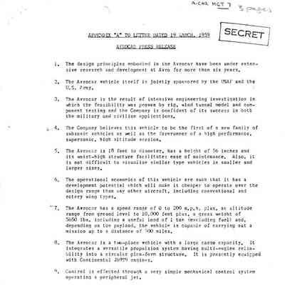 Appendix "A" to letter dated 19 March 1959, Avrocar Press Release