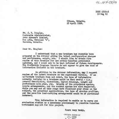 Defence Research Board Letter to J.R. Douglas, Contracts Administrator Avro Aircraft
