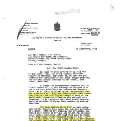 Secret letter to RCAF Air Vice Marshall D.M. Smith from the National Aeronautical Establishment with respect preliminary wind tunnel test results on the A.V. Roe C/105 design study