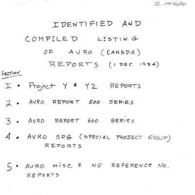 Identified and Compiled Listing of AVRO (Canada) Reports