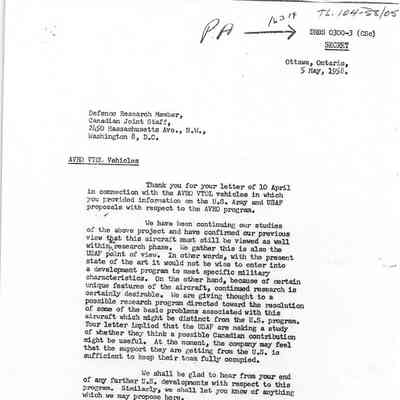 Letter by Chairman signed by G.S. Field to Defence Research Member, Canadian Joint Staff Washington, DC - re AVRO VTOL Vehicles