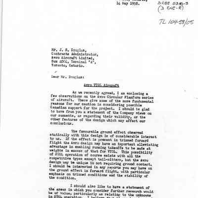 correspondence Director of Engineering Research, Defence Research Board (DRB) to J.R.Douglas, Contracts, Avro