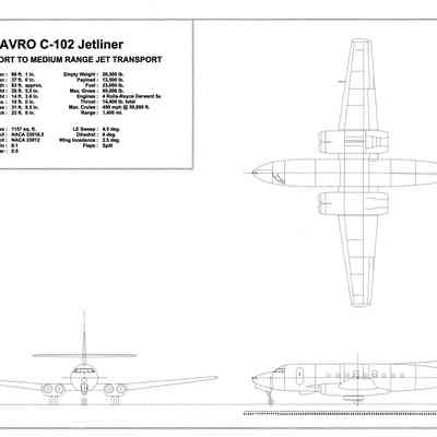 C-102 Jetliner - three view used as direct input for building of a model - includes spec details top left