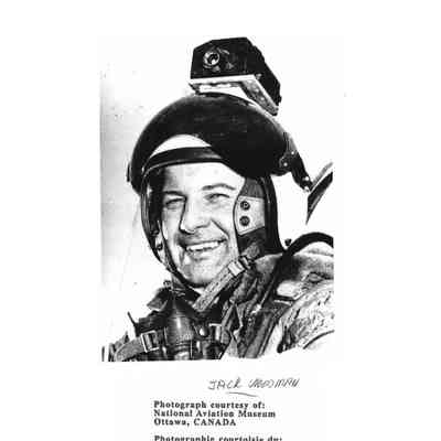 RCAF Avro test pilot Jack Woodman in Helmet with Camera Strapped on top of Helmet